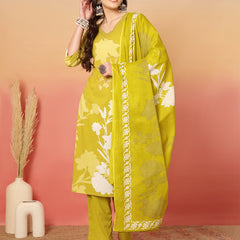 Women Cotton Printed Patch Work Kurta with Trouser & Dupatta