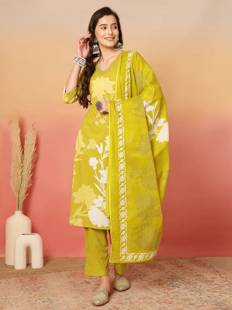 Women Cotton Printed Patch Work Kurta with Trouser & Dupatta