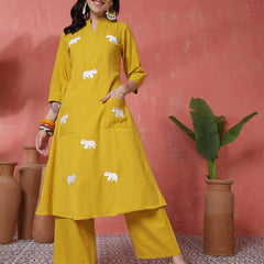 Women Mustard Solid Cotton A-line Kurta with Palazzo Set
