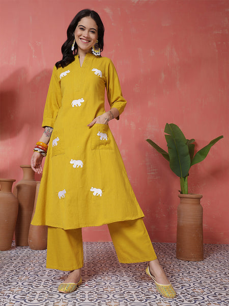 Women Mustard Solid Cotton A-line Kurta with Palazzo Set
