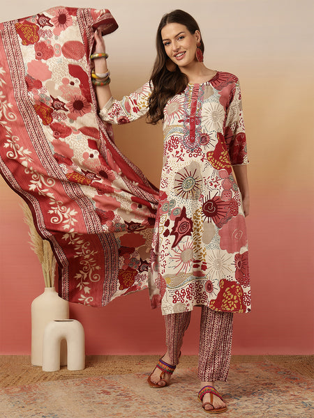 Women Red Digital Printed Kurta With Trouser & Dupatta