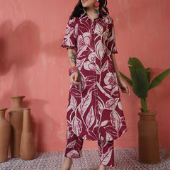 Women Purple Cotton Printed Kurta with Trouser Set