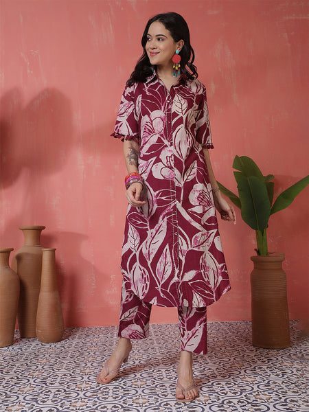 Women Purple Cotton Printed Kurta with Trouser Set