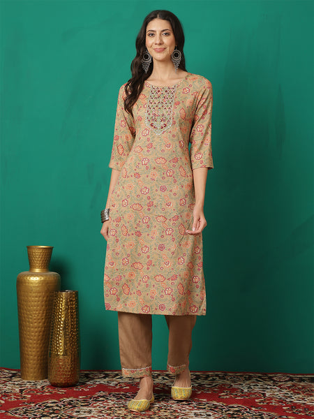 Women Brown Viscose Rayon Printed Straight Kurta with Trouser