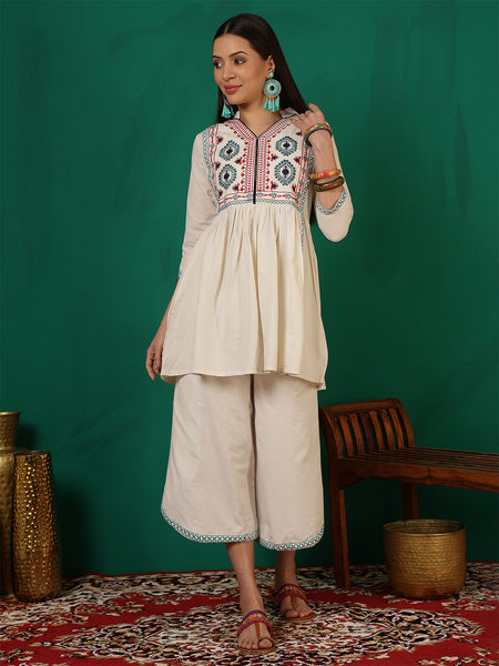 Women Cotton White Yoke Embroiery Top with Palazzo Co-ord Set