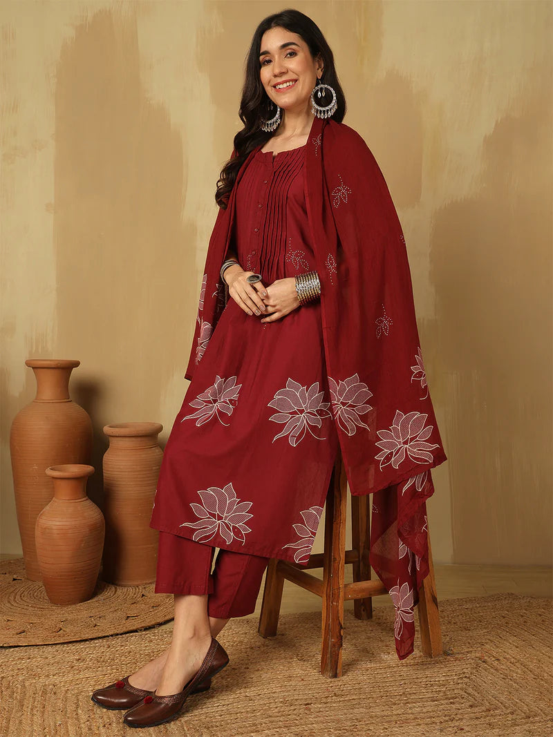 Women Cotton Discharge Printed A-line Kurta with Trouser & Dupatta