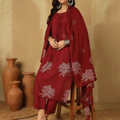 Women Cotton Discharge Printed A-line Kurta with Trouser & Dupatta