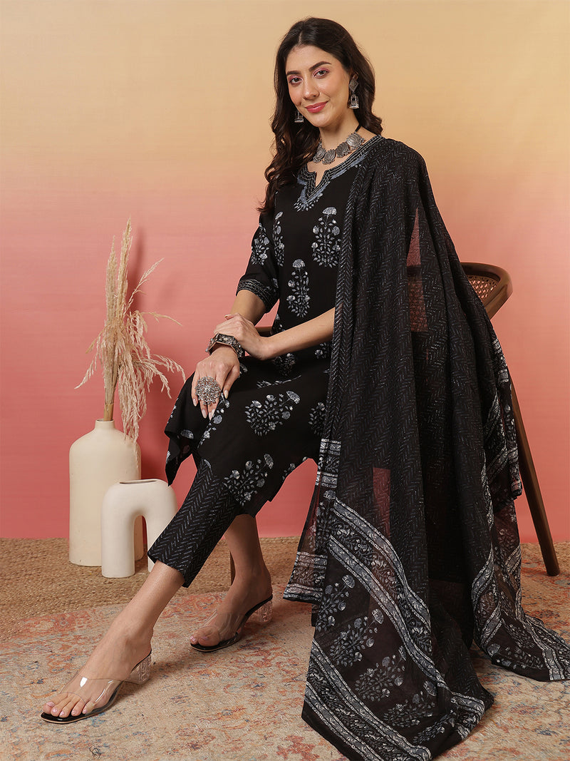 Women Black Cotton Yoke Design Kurta With Trouser & Dupatta