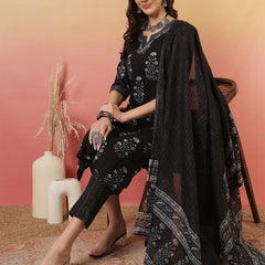 Women Black Cotton Yoke Design Kurta With Trouser & Dupatta