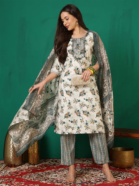 Women Green Floral Printed Yoke Embroidery Kurta with Trouser & Dupatta
