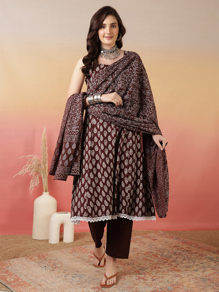 Women Brown Discharge Print Anarkali Kurta With Trouser & Dupatta