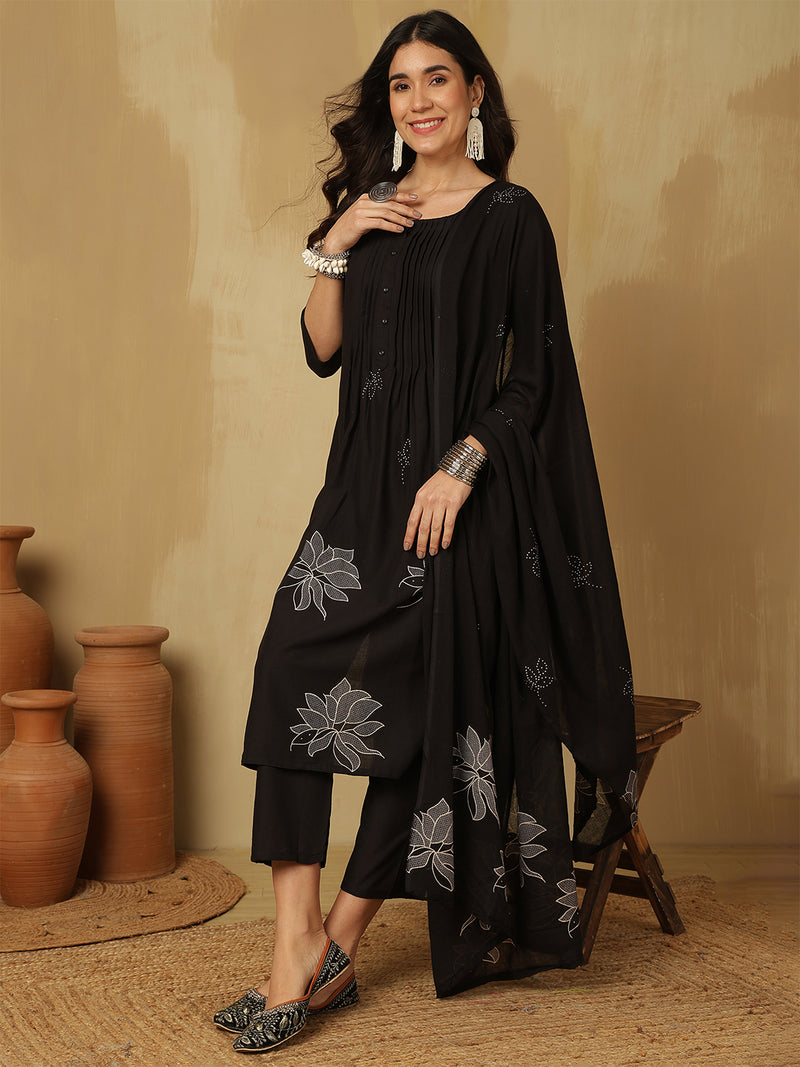 Women Black Cotton Discharge Printed A-Line Kurta With Trouser & Dupatta