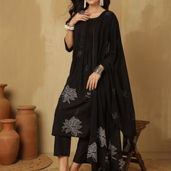 Women Black Cotton Discharge Printed A-Line Kurta With Trouser & Dupatta