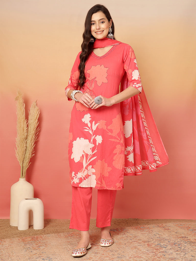 Women Cotton Printed Patch Work Kurta with Trouser & Dupatta