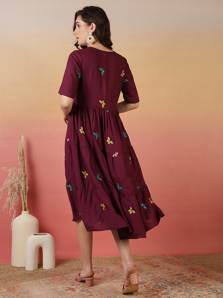 Women Wine Cotton Embroidery Fit And Flare Dress