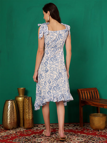 ANAISA Women Blue & White Printed Cut out Dress