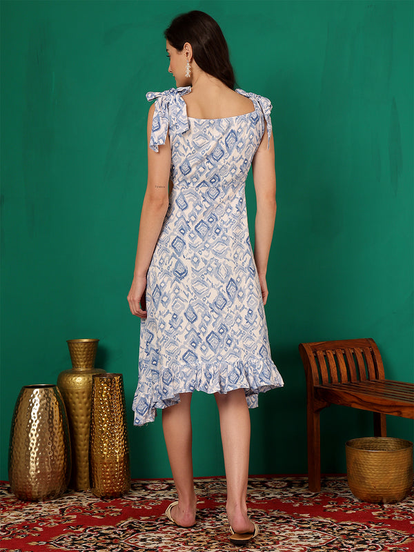 ANAISA Women Blue & White Printed Cut out Dress