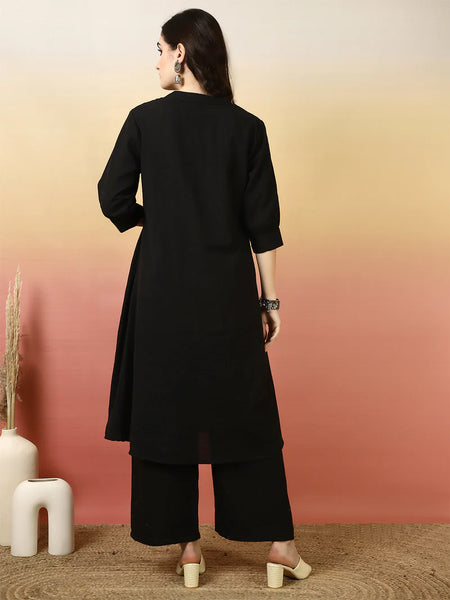 Women Solid Cotton Flex A-line Pocket Kurta with Palazzo Set