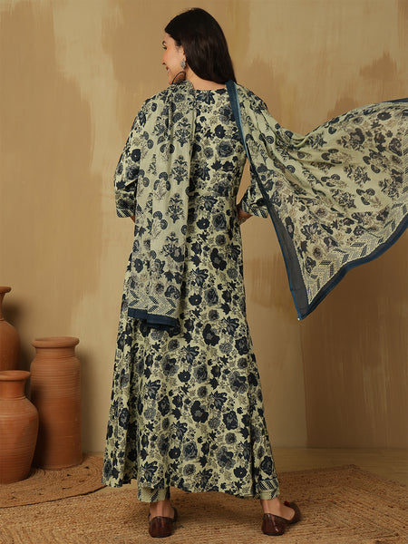 Women Blue Printed Anarkali Kurta With Pant & Dupatta