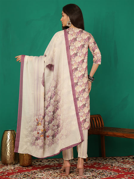 Women Purple Yoke Embroidery Kurta with Trouser & Dupatta