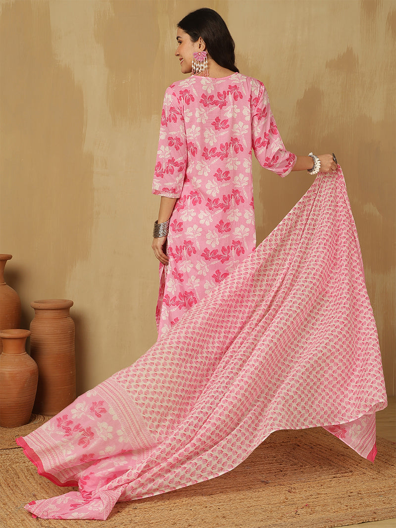 Women Pink Cotton Embroidery Kurta With Trouser & Dupatta