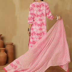 Women Pink Cotton Embroidery Kurta With Trouser & Dupatta