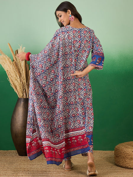 Women Cotton Blue & Red Straight Kurta with Afgani Pant & Dupatta