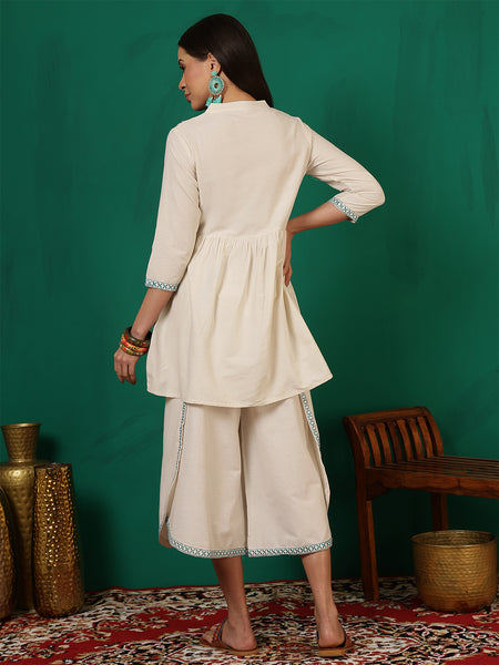 Women Cotton White Yoke Embroiery Top with Palazzo Co-ord Set