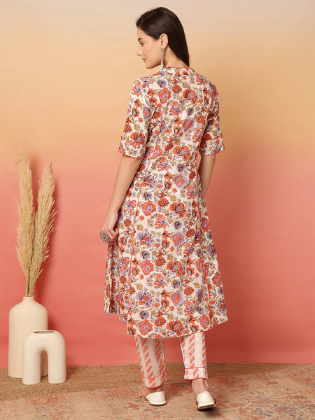 ANAISA Women Cotton Orange Floral Printed A-line, Calf Length Kurta with Trouser