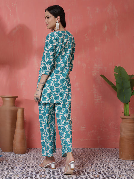 Women Blue Cotton Flex Floral Printed Top with Trouser Co-ord Set