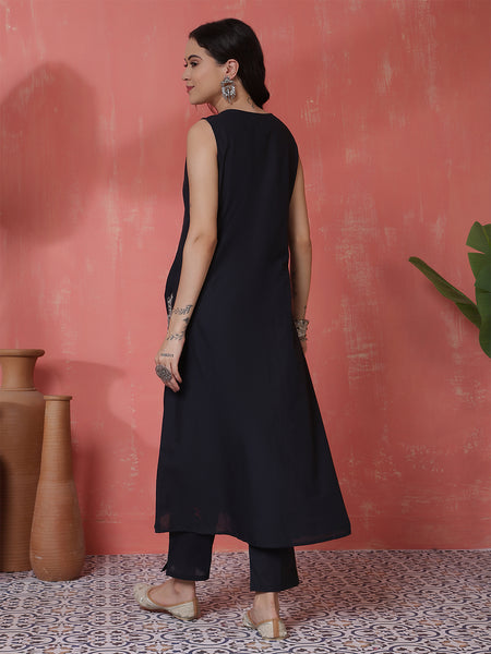 Women Navy blue Pure Cotton Embroidery Kurta with attached sleeves and Palazzo Set