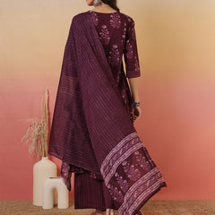 Women Purple Block Printed Front Slit Kurta With Palazzo Pant & Dupatta