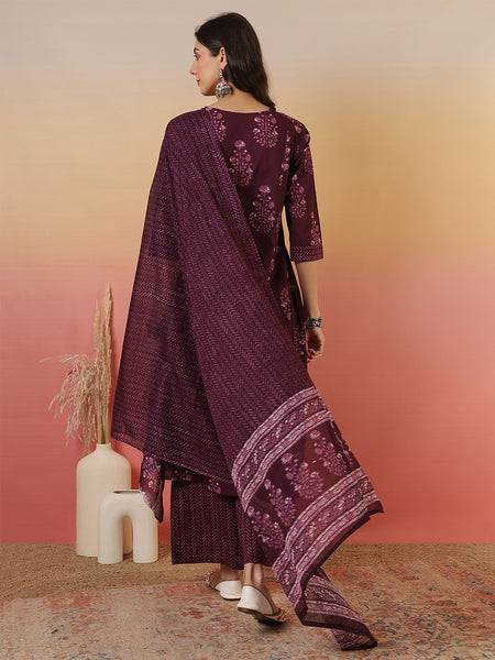 Women Purple Block Printed Front Slit Kurta With Palazzo Pant & Dupatta