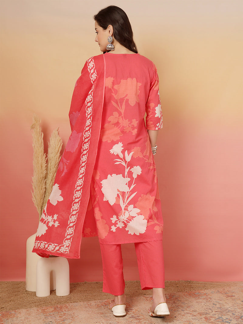 Women Cotton Printed Patch Work Kurta with Trouser & Dupatta
