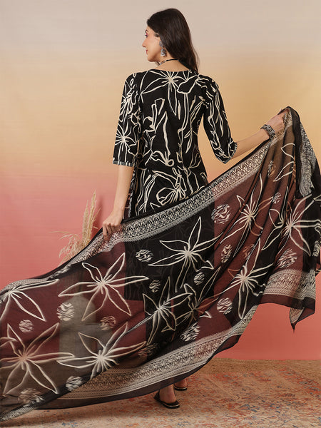 Women Abstract Printed Black Kurta with Trouser & Dupatta