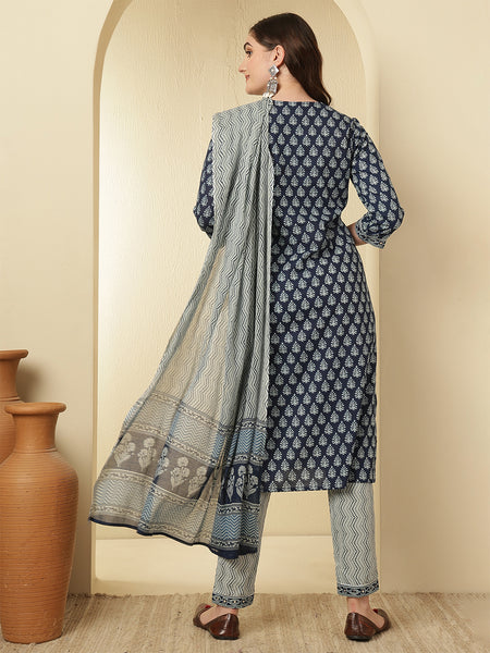 Women Cotton Printed Blue Straight Kurta with Trouser & Dupatta