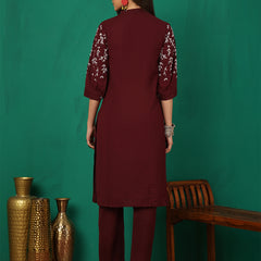 Women Maroon Silk Kurta with Trouser & Dupatta