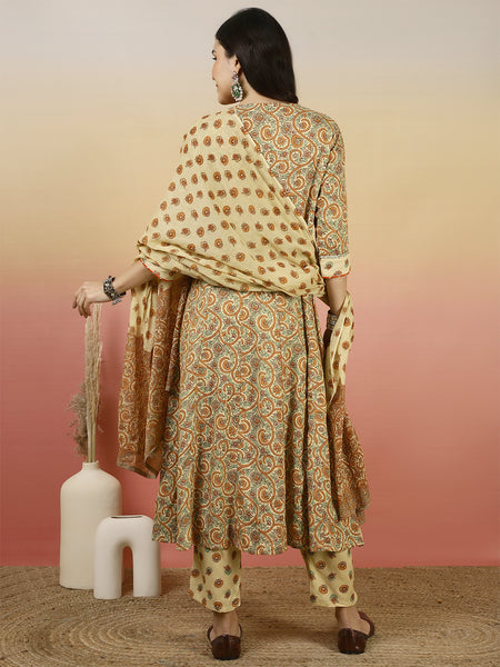 Women Beige Printed Anarkali Kurta With Pant & Dupatta