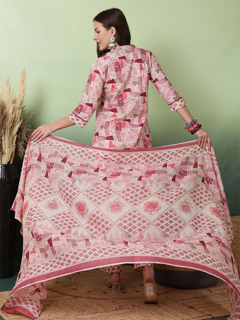 Women Pink Digital Printed V-neck Kurta with Trouser & Dupatta