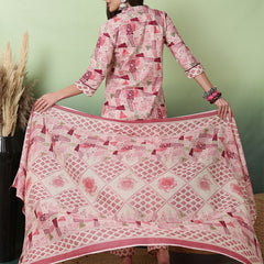 Women Pink Digital Printed V-neck Kurta with Trouser & Dupatta