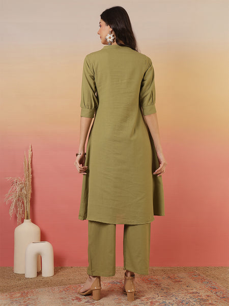 Women Solid Cotton Flex A-line Pocket Kurta with Palazzo Set