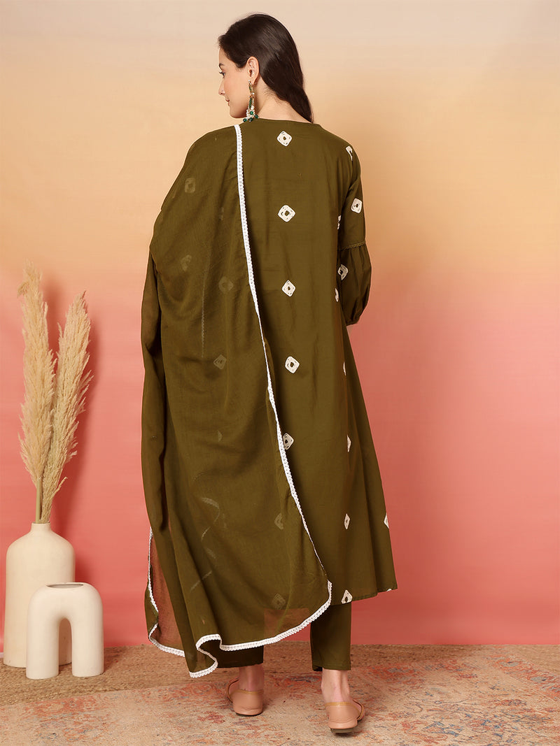 Women Cotton Olive Green Embroidery Anarkali Kurta with Trouser & Dupatta