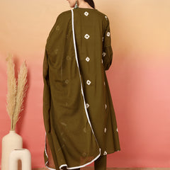 Women Cotton Olive Green Embroidery Anarkali Kurta with Trouser & Dupatta