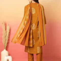 Women Mustard Cotton Printed V-neck Straight Kurta with Trouser & Dupatta