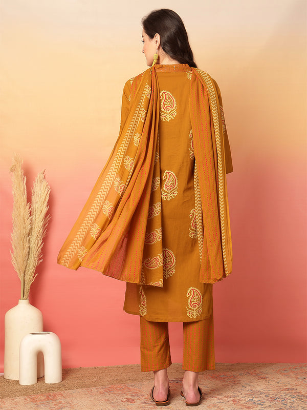 Women Mustard Cotton Printed V-neck Straight Kurta with Trouser & Dupatta