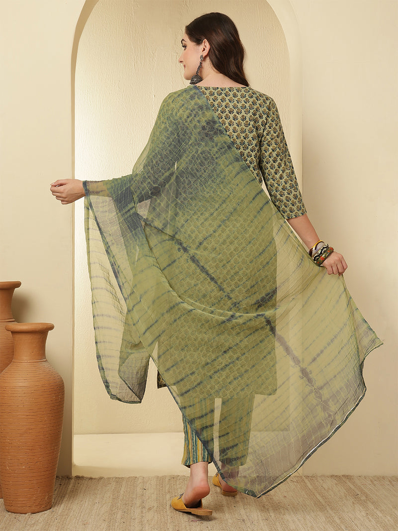 Women Cotton Printed Straight Kurta with Trouser & Dupatta