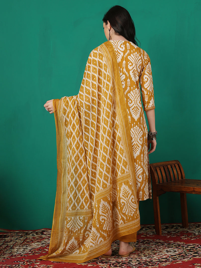 Sangira Women Cotton Printed V-neck, Straight Kurta with Trouser & Dupatta