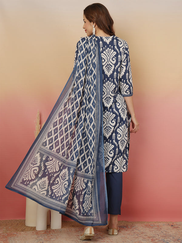 Sangira Women Cotton Printed V-neck, Straight Kurta with Trouser & Dupatta
