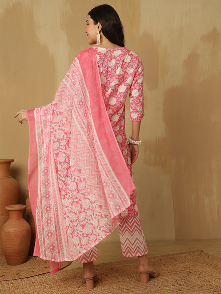 Women Pink Cotton Floral Printed Kurta with Trouser & Dupatta