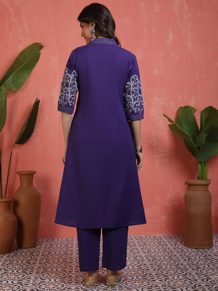 Women Cotton Flex Purple Figure Embroidery A-line Kurta with Trouser
